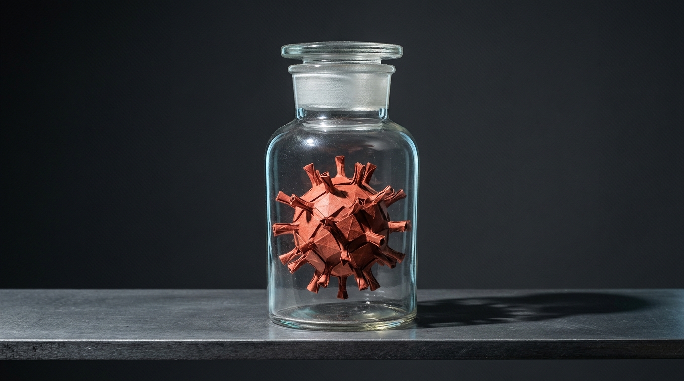 Zdjęcie: szklany słój laboratoryjny z czerwonym origami w kształcie cząsteczki wirusa