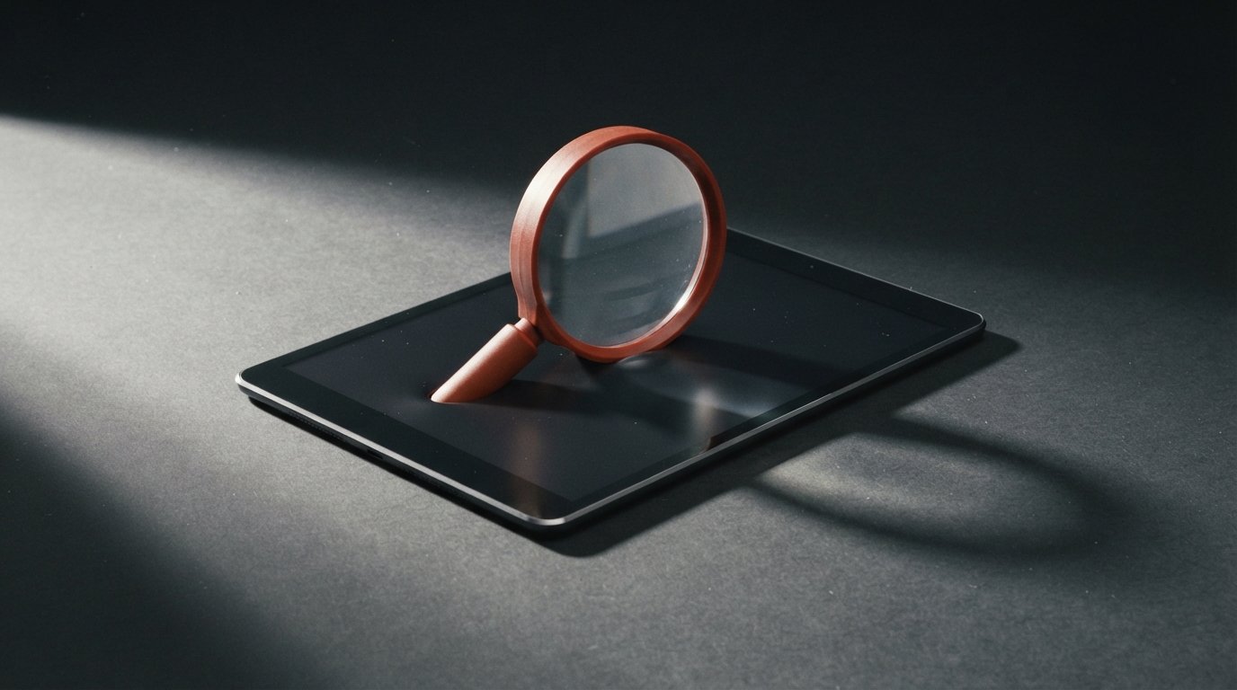 Zdjęcie: tablet, z którego ekranu wyrasta czerwona lupa