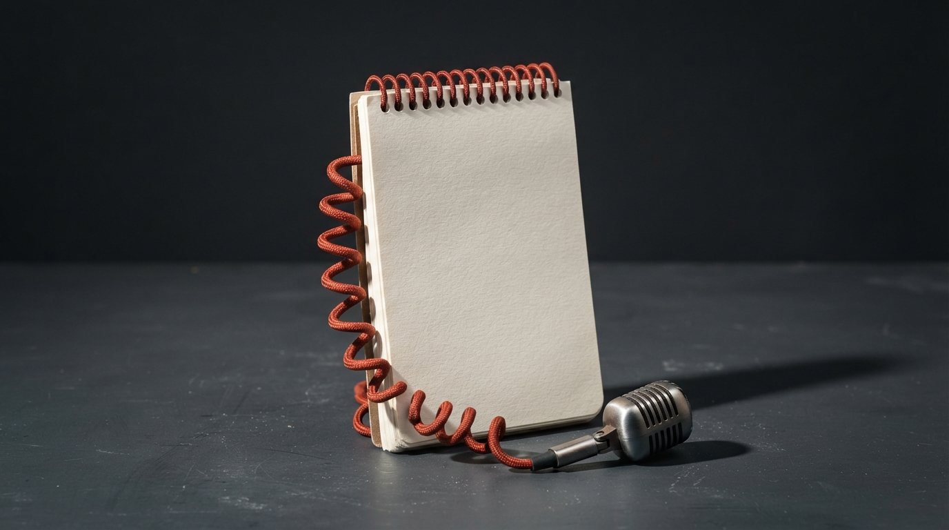 Zdjęcie: notes na spirali, której zwoje tworzy czerwony kabel zakończony małym mikrofonem