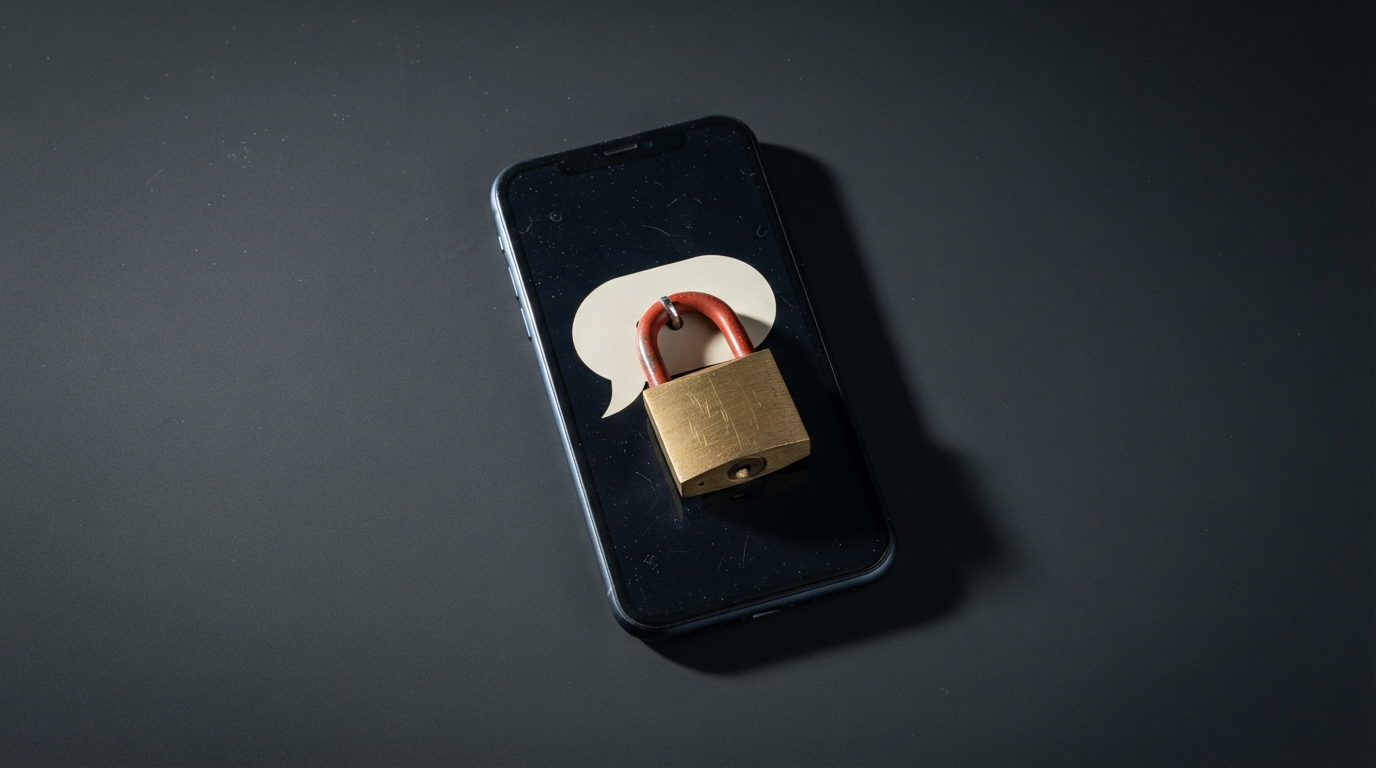 Zdjęcie: smartfon leżący ekranem do góry, przez dymek rozmowy na ekranie przechodzi zamknięta kłódka z czerwonym pałąkiem