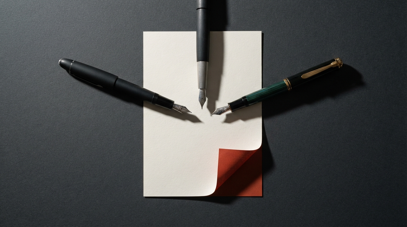 Zdjęcie: kartka papieru z trzema wiecznymi piórami ułożonymi z trzech stron, jeden róg kartki zagięty, pod spodem czerwony.
