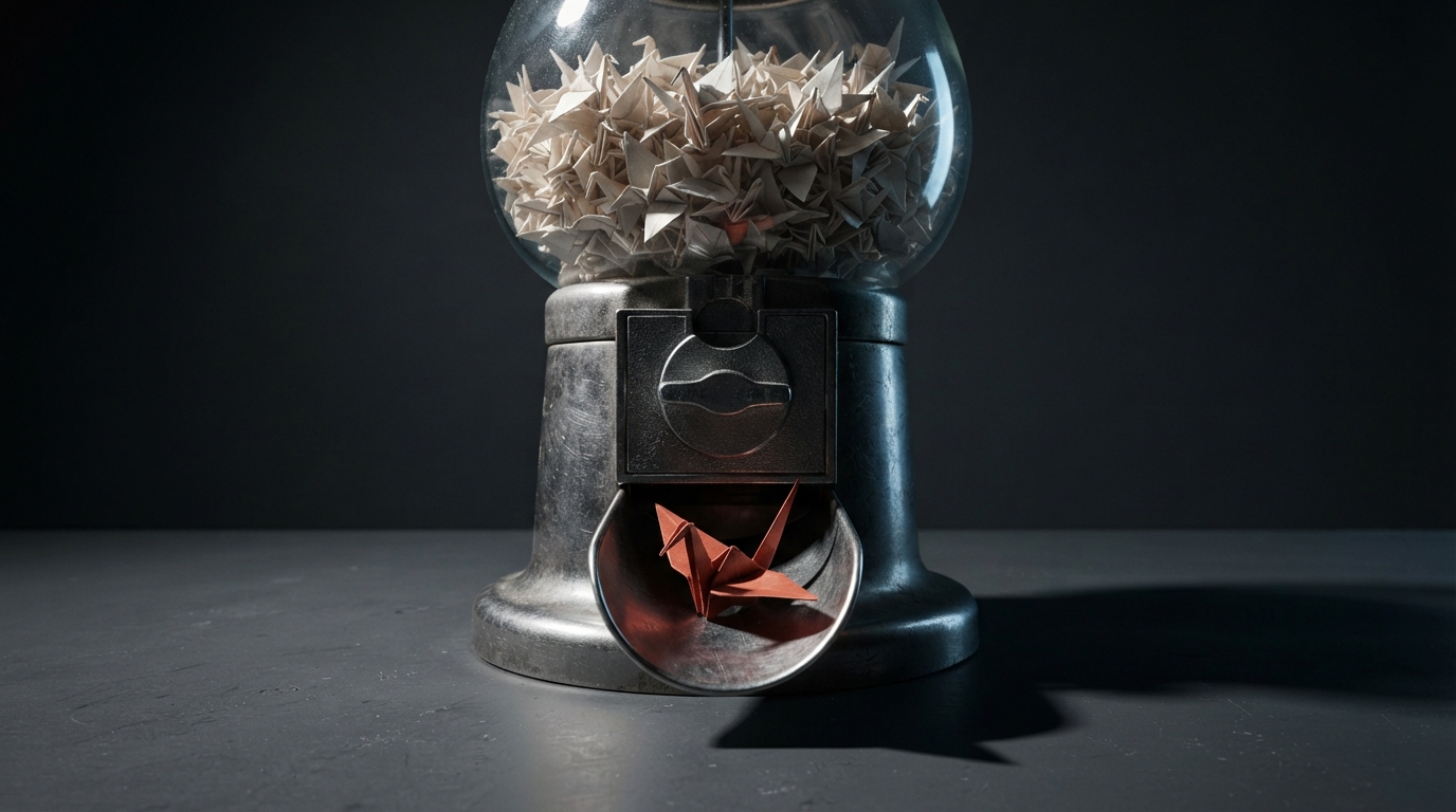Zdjęcie: automat na monety wypełniony małymi papierowymi żurawiami origami, jeden czerwony żuraw w okienku wydawania