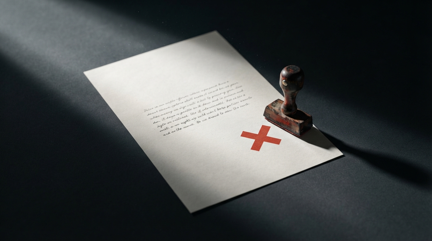 Zdjęcie: papierowy formularz z pustymi polami i jednym wypełnionym akapitem, obok pieczątka, która odbiła na nim czerwony znak X.