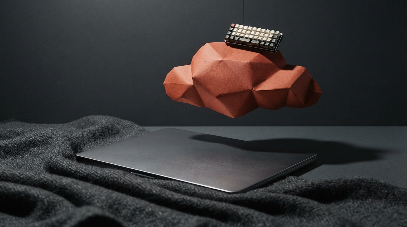 Zdjęcie: zamknięty laptop na złożonym kocu, nad nim czerwona papierowa chmura na nitce z małą klawiaturą na wierzchu.