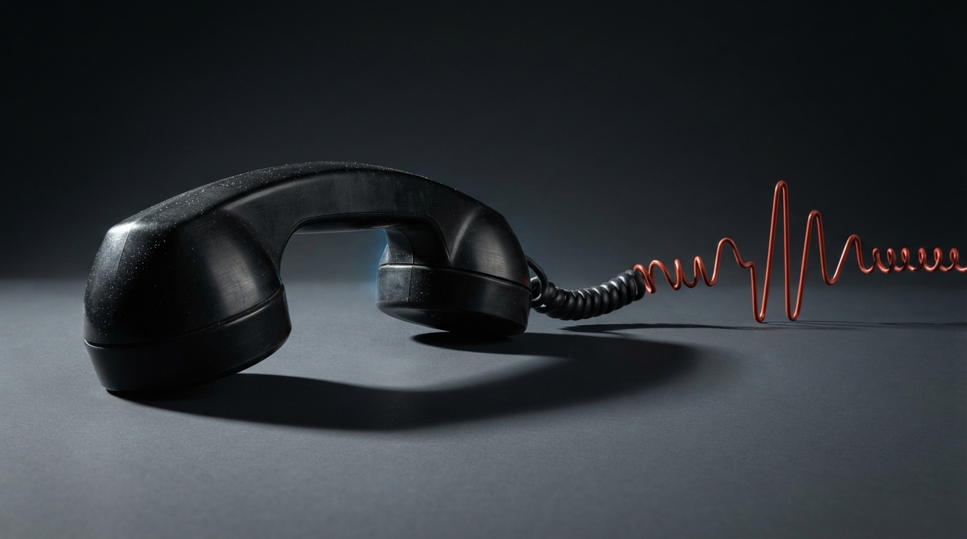 Zdjęcie: zdjęta słuchawka starego telefonu, której zwinięty kabel przechodzi w czerwony drut wygięty w kształt fali dźwiękowej.