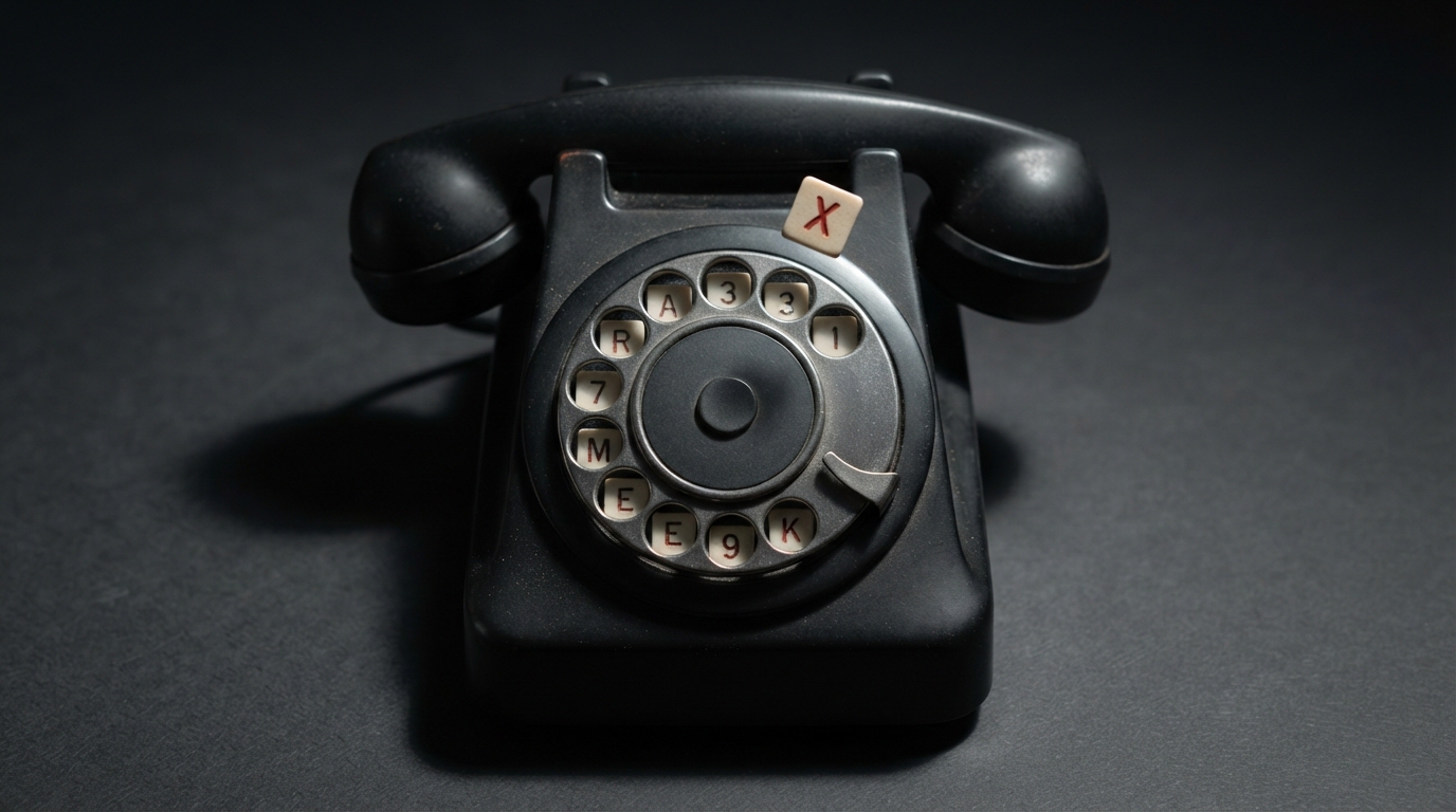 Zdjęcie: tarcza starego telefonu z czerwonymi płytkami z cyframi i literami w otworach, jedna płytka wyskakuje z tarczy