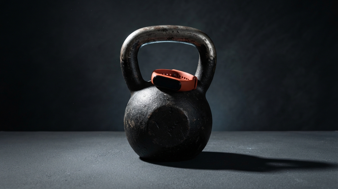 Zdjęcie: żeliwny odważnik kettlebell z opaską sportową zapiętą na uchwycie