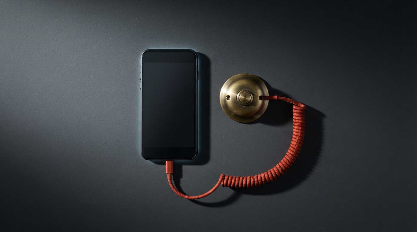 Zdjęcie: smartfon z ciemnym ekranem połączony czerwonym spiralnym kablem z mosiężnym przyciskiem dzwonka