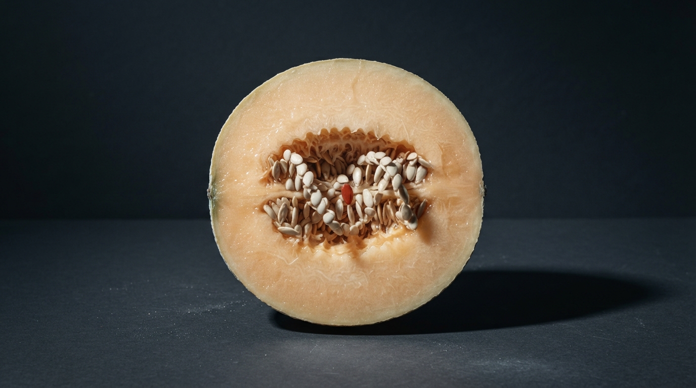 Zdjęcie: przekrojony melon, którego pestki ułożone są w podwójną spiralę, jedna pestka jest czerwona.