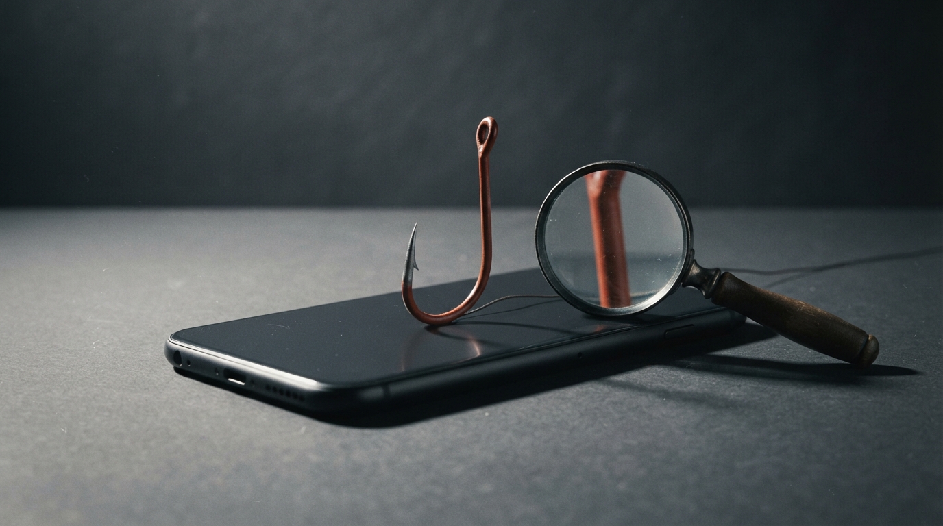 Zdjęcie: smartfon leżący ekranem do góry, z ekranu wystaje czerwony haczyk wędkarski, obok oparta lupa.