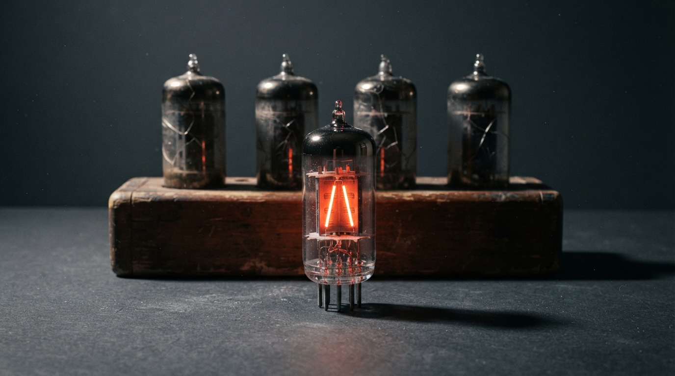 Zdjęcie: rząd czterech starych, ciemnych lamp elektronowych w drewnianym stojaku, przed nimi jedna nowa lampa z czerwono świecącym żarnikiem.