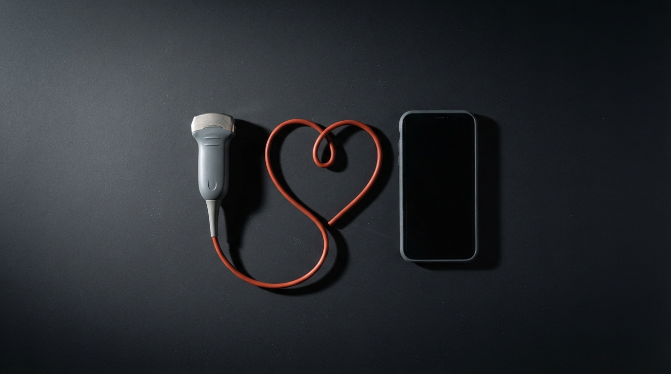 Zdjęcie: ręczna głowica USG i smartfon, kabel głowicy ułożony w kształt serca