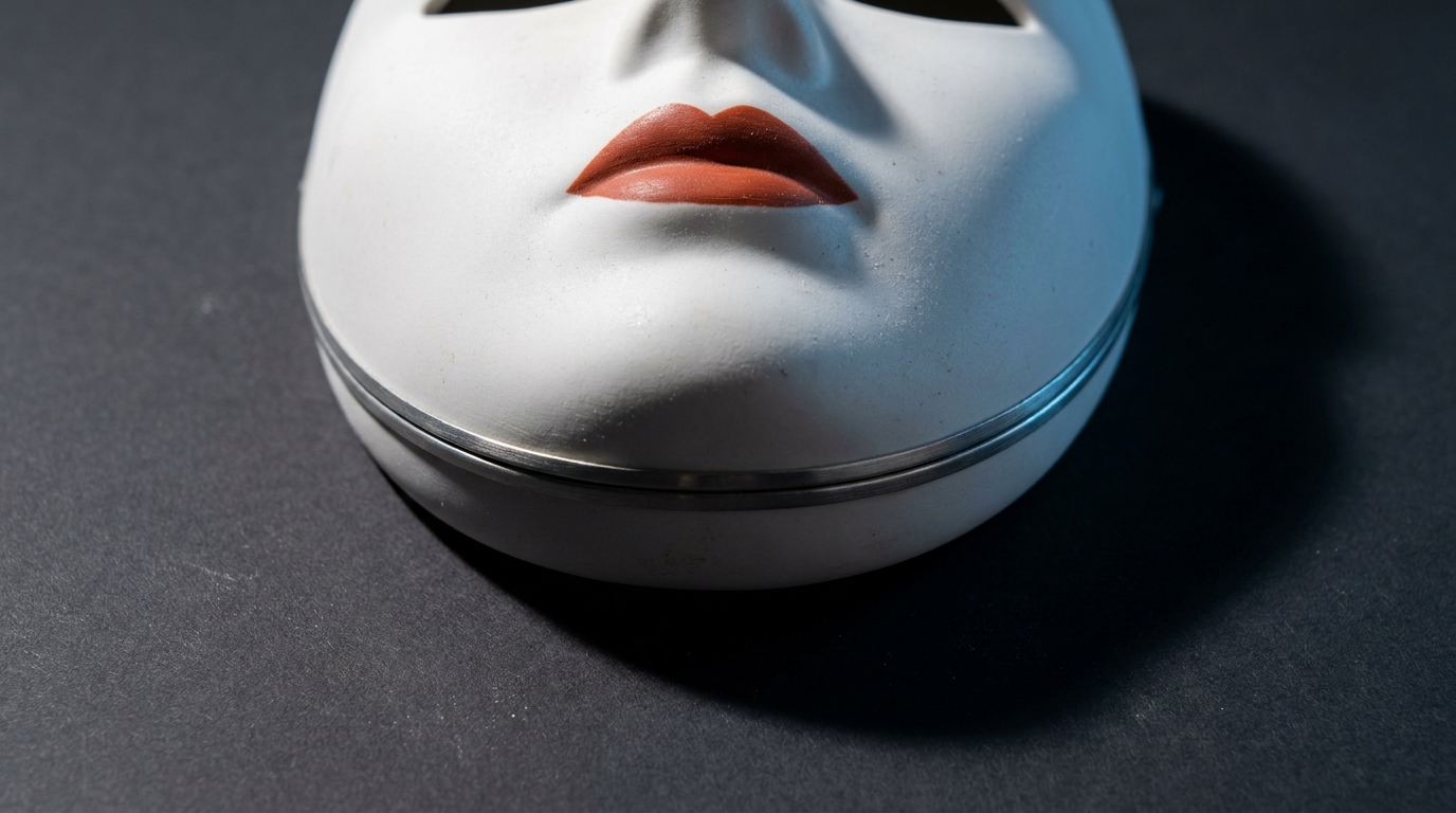 Zdjęcie: biała porcelanowa maska teatralna z ustami pomalowanymi na czerwono, z bliska