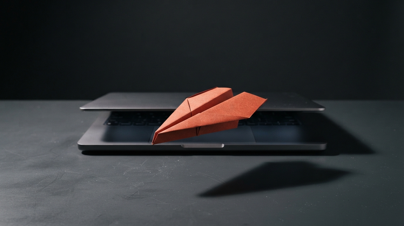Zdjęcie: zamknięty laptop na biurku, spomiędzy ekranu i klawiatury wysuwa się czerwony papierowy samolot złożony z wydrukowanej kartki