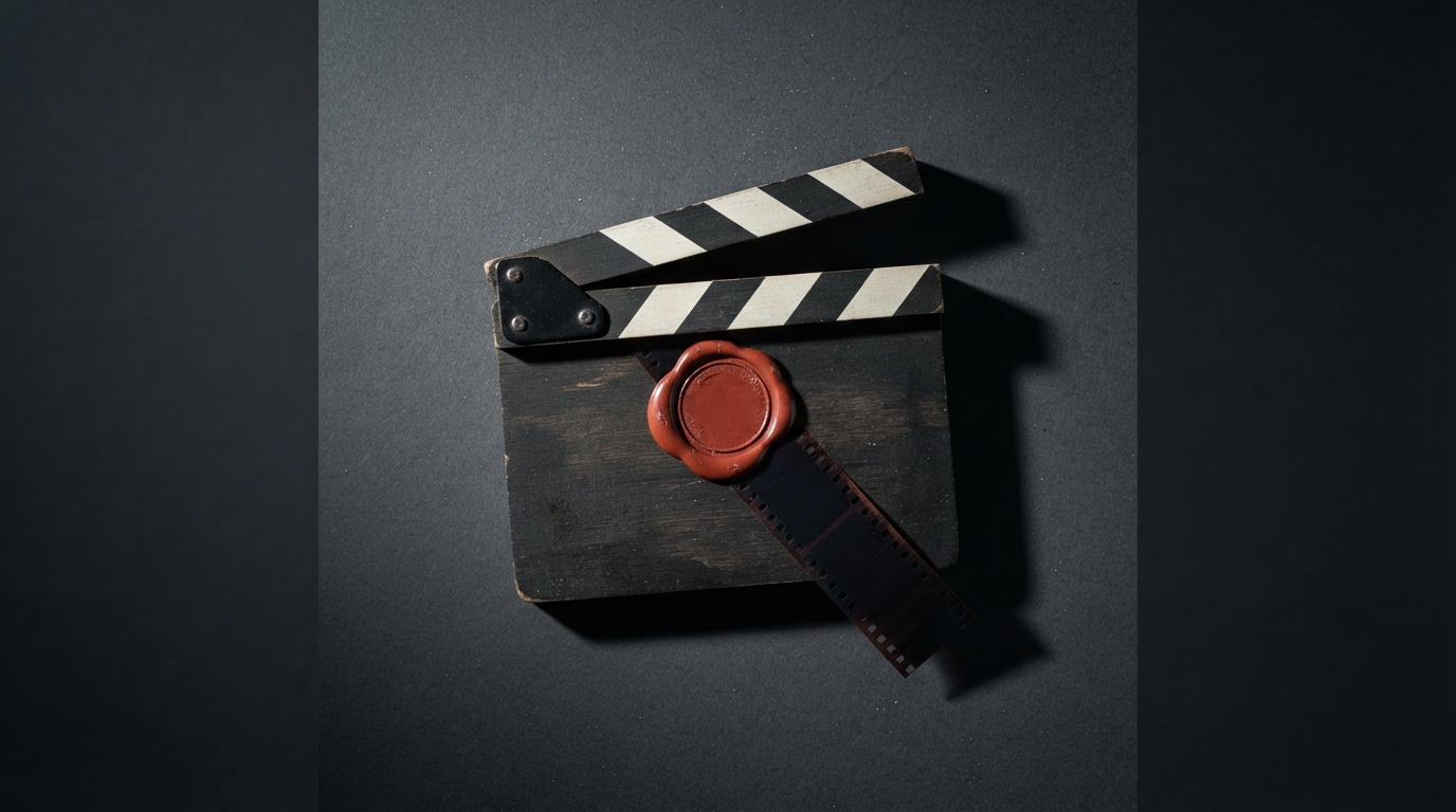 Zdjęcie: zamknięty klaps filmowy zapieczętowany pieczęcią lakową, spod niego wystaje ucięty pasek taśmy filmowej
