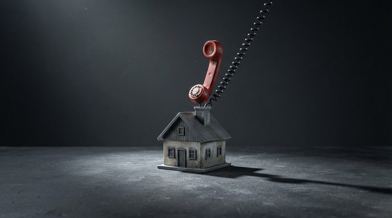 Zdjęcie: miniaturowy model domu, z którego komina wychodzi czerwona słuchawka telefoniczna na spiralnym kablu