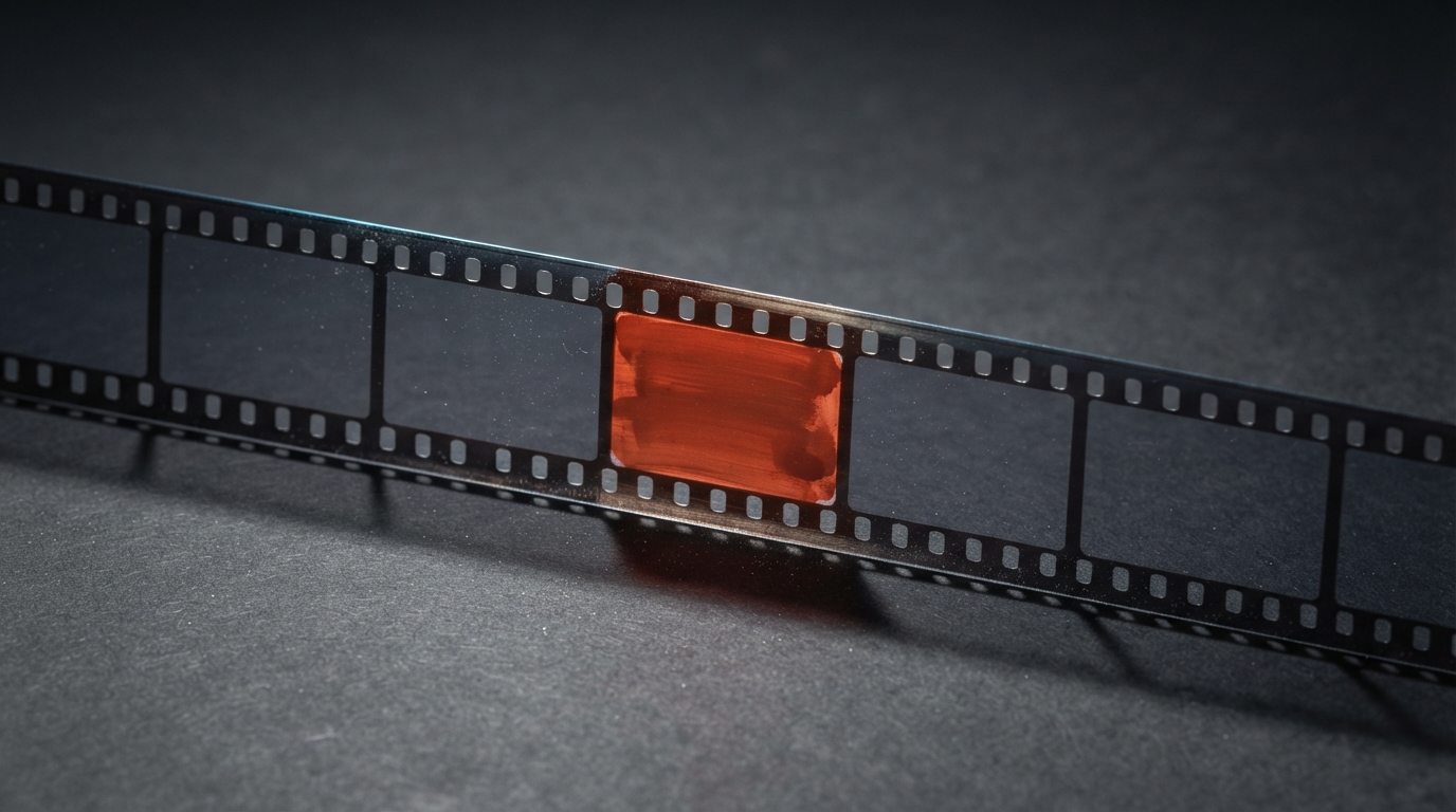 Zdjęcie: taśma filmowa 35 mm z rzędem przezroczystych klatek, jedna klatka w środku jest wypełniona kolorem
