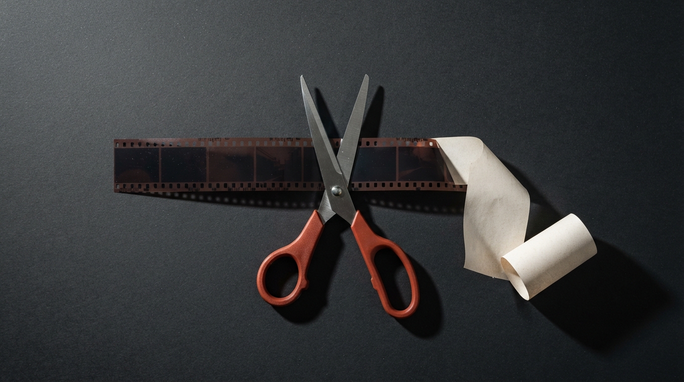 Zdjęcie: taśma filmowa przecięta nożyczkami z czerwonymi uchwytami, z przeciętego końca wysuwa się zwinięty paragon