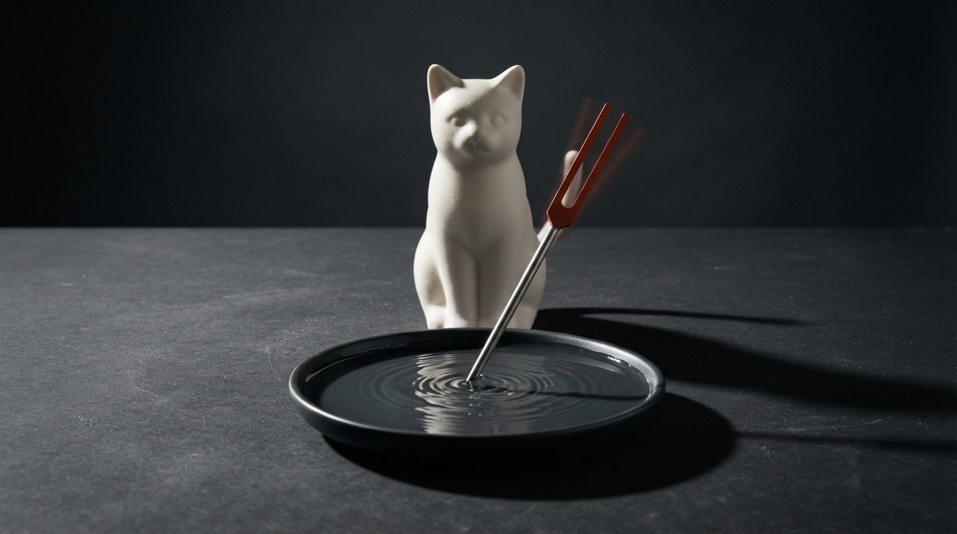 Zdjęcie: porcelanowa figurka kota, której ogon jest czerwonym kamertonem, obok płaska misa z wodą, po której rozchodzą się drobne fale.