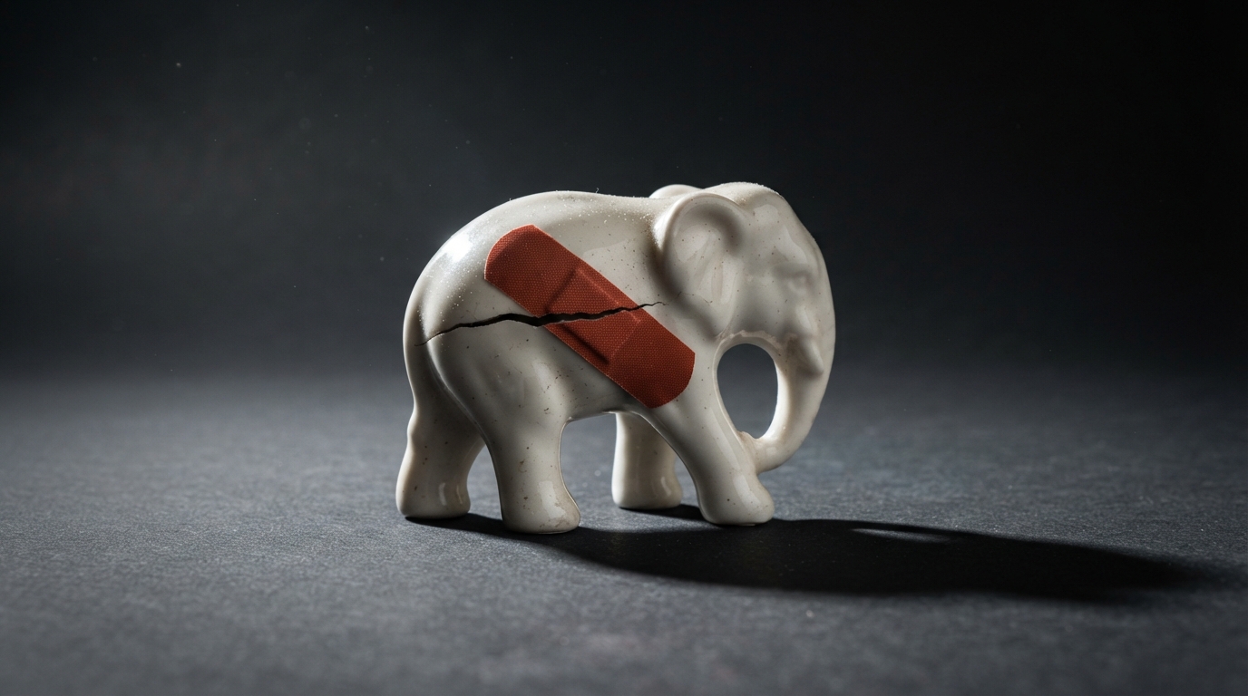 Zdjęcie: porcelanowa figurka słonia z pęknięciem zaklejonym czerwonym plastrem