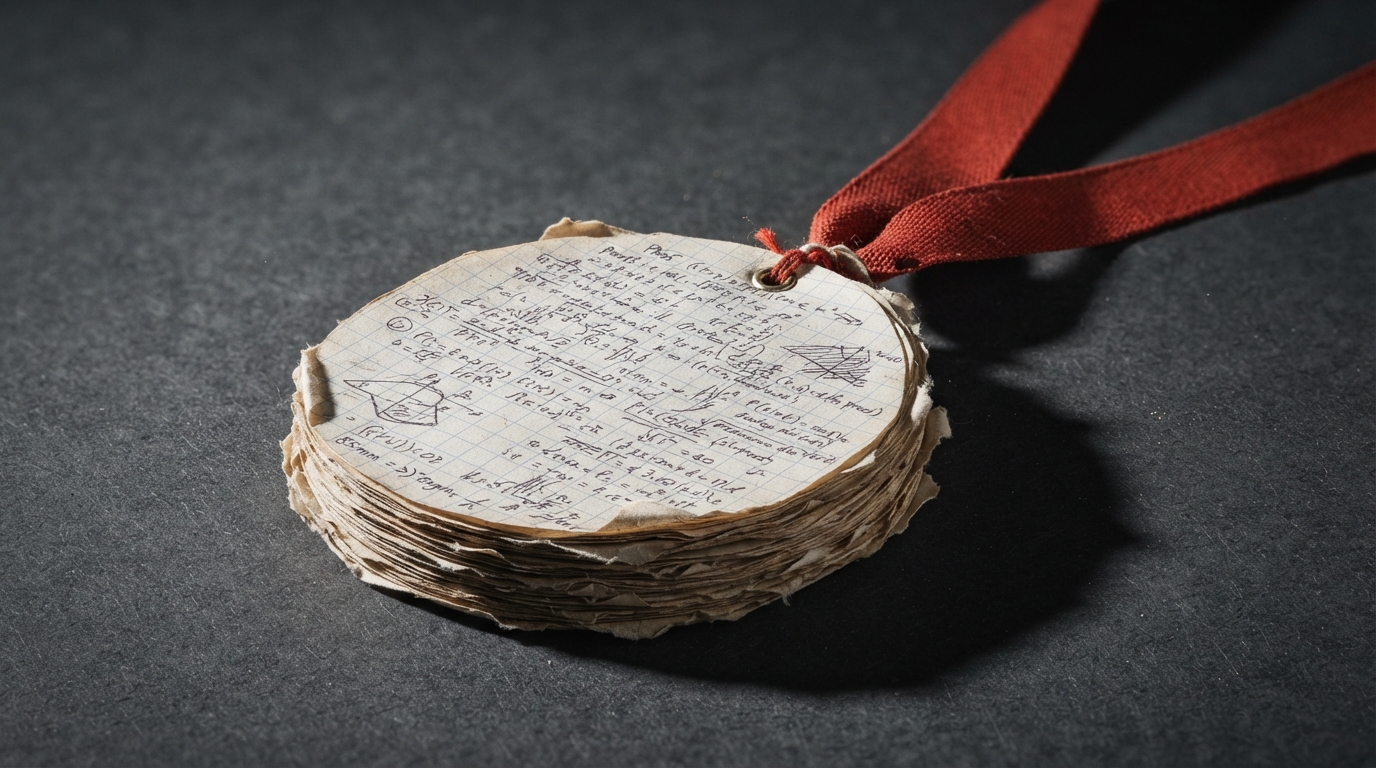Zdjęcie: medal ze stosu kartek w kratkę zapisanych wzorami, na wstążce