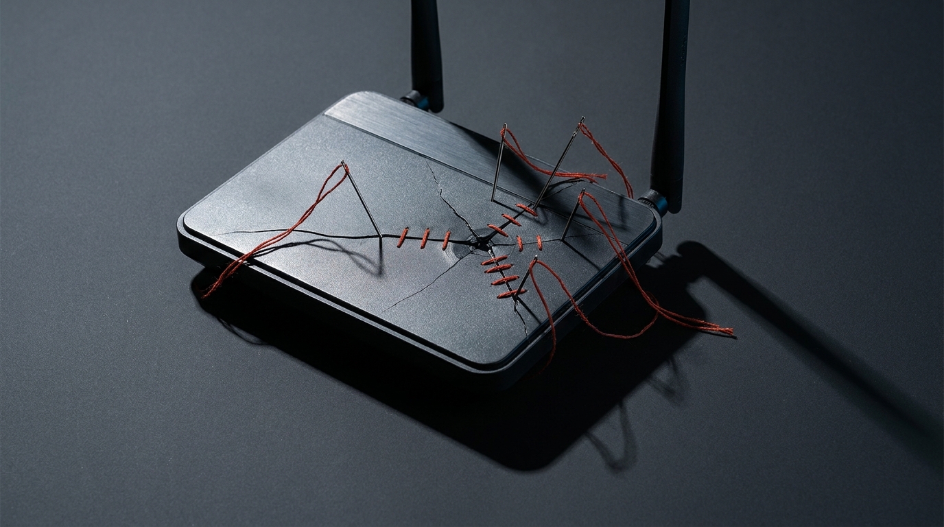 Zdjęcie: domowy router z pękniętą obudową zszytą czerwoną nicią, w której tkwi sześć igieł
