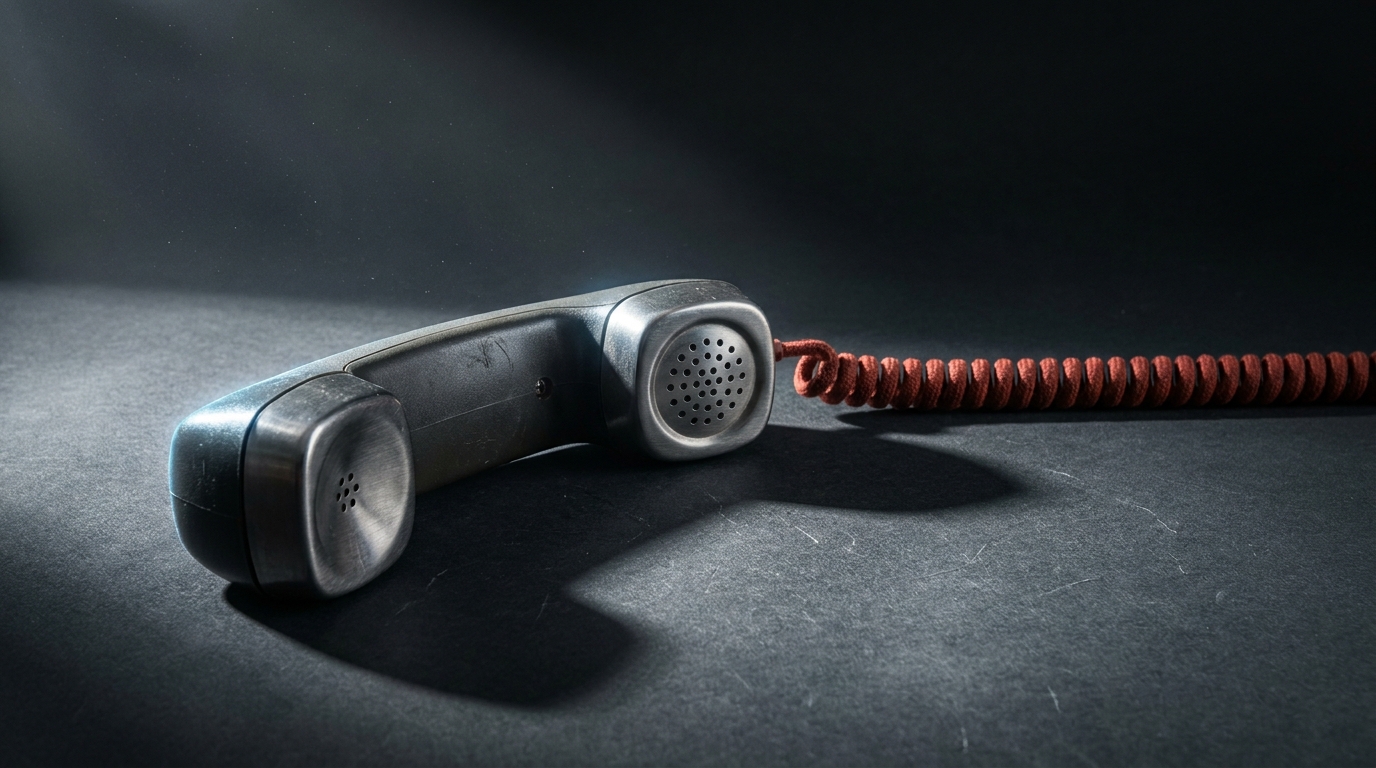 Zdjęcie: słuchawka telefonu zdjęta z widełek, z rozciągniętym czerwonym kablem