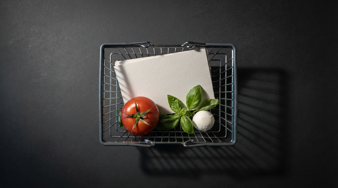Zdjęcie: metalowy koszyk sklepowy z góry, w środku złożona kartka z przepisem, z której wysypują się pomidor, bazylia i mozzarella.